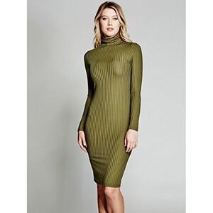 GUESS Marciano Olive Green Ribbed Turtleneck Long Sleeve Bodycon Dress